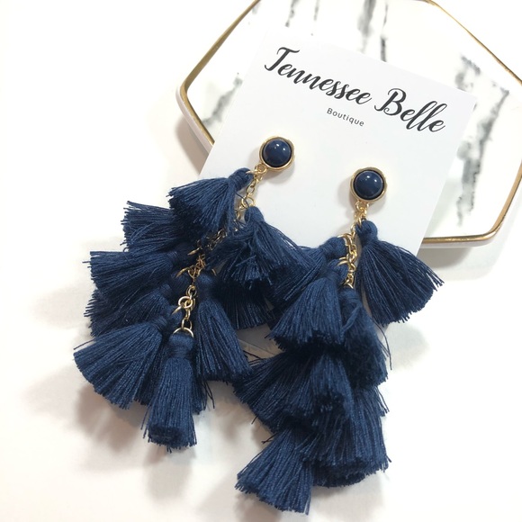 Terra Tiered Tassel Navy Blue Boutique Earring - Picture 2 of 7